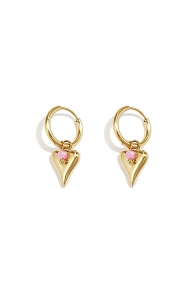 Goudkleurige Hart Oorbellen met Roze Kristal – Dames Oorringen met Hang