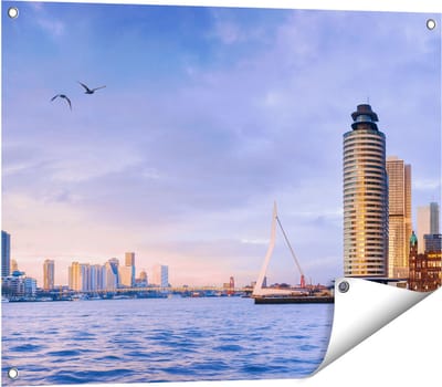 Gards Tuinposter Rotterdamse Skyline aan het Water - 80x60 cm - Tuindoek - Tuindecoratie - Wanddecoratie buiten - Tuinschilderij
