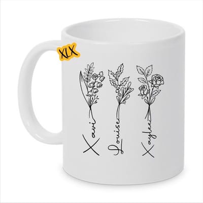 Bedrukte mok met naam en geboorte bloemen, Geboorte bloemen, Beker met naam, Cadeau, XLX®