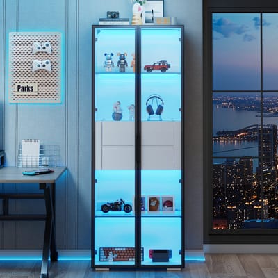 Pugsdrly 60*40*160 cm kast, vitrinekastdeur van gehard glas, vitrinekast met LED, 2 glazen planken, 2 lades, highboard, woonkamerkast, opbergkast, hoge kast, bankkast, wit