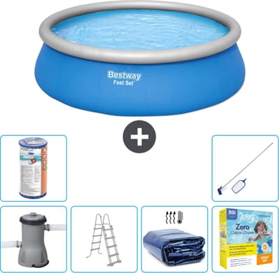 Bestway Rond Opblaasbaar Fast Set Zwembad - 457 x 122 cm - Blauw - Inclusief Pomp - Ladder Solarzeil - Onderhoudspakket - Filter - Schoonmaakset