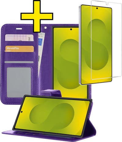 Hoesje - Met Screenprotector - Geschikt voor Samsung Galaxy S25 Ultra - Luxe Pasjeshouder - Bookcase Portemonee - Flip Case - Kunstleer Book Case - Flipcase - Book Cover - Walletcase - Portemonneehoes - Telefoonhoesjes - Paars