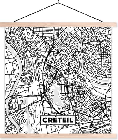 Posterhanger incl. Poster 40x40 cm - Schoolplaat - Stadskaart - Frankrijk - Créteil - Kaart - Plattegrond - Zwart wit - Textielposter - Blanke latten - Stadskaart