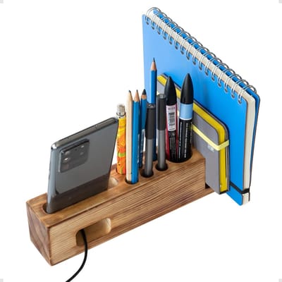 Houten Pennenhouder - Bureau Organizer - Kantoor Werkplek - Massief Hout Ontwerp - 25 x 6 x 5 cm