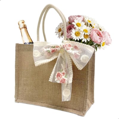 Thijox - Jute Tas, Herbruikbare Shopper, Elegante Tote Bag met Strik, Natuurlijke Jute Geschenkzakjes, Perfect voor Cadeaus aan Collega's, Leraren, Mo