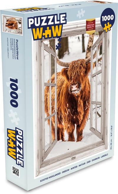 Puzzel Schotse Hooglander - Sneeuw - Winter - Natuur - Dier - Doorkijk - Landelijk - Legpuzzel - Puzzel 1000 stukjes volwassenen