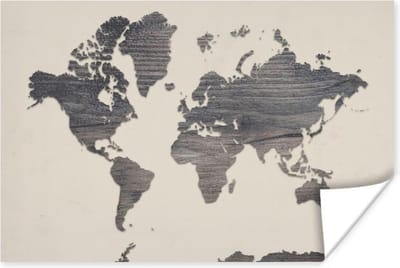 Poster Wereldkaart - Grijs - Hout - 30x20 cm