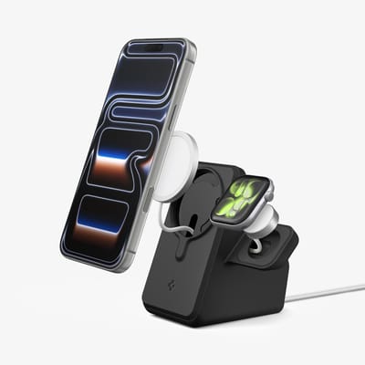 Spigen MagFit Duo Stand – MagSafe Oplader Houder – Geschikt voor iPhone 17/16/15, Apple Watch en AirPods – 25W – Zwart
