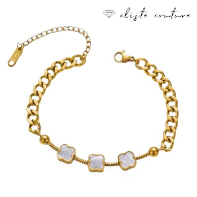 Cliste Couture - Mabel Clover Armband - Wit - 18k Verguld - Roestvrij staal - Armband dames - Waterproof - Sieraden voor vrouwen - Armband - cadeau - Verstelbaar