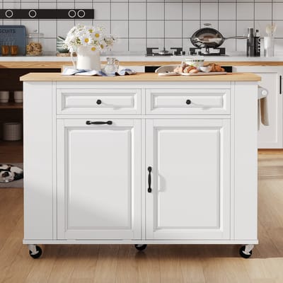 MODFU - Keukeneiland - Uitschuifbaar Werkblad En Afvalvak - Modern - Voor Keuken En Eethoek - MDF - Wit/Naturel - 120 X 40-70 X 92 Cm
