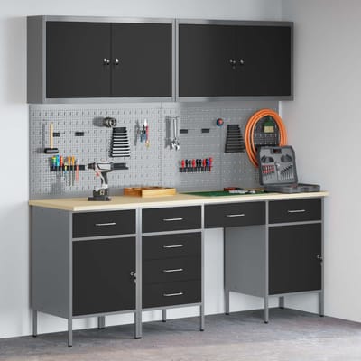 vidaXL - Werk - Cabinet - met - lade - 10 - st - Zwart - Engineered - hout - en - staal