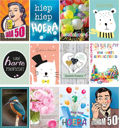 Wenskaart - Gefeliciteerd - Verjaardag - Mix - 12 kaarten