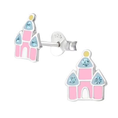 Joy|S - Zilveren sprookjes kasteel oorbellen - 8 mm - prinsessen paleis oorknoppen - kinderoorbellen