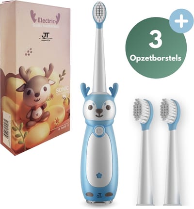 JT Products Sonische Elektrische Baby Tandenborstel Blauw – 1 t/m4 Jaar - Oplaadbaar - Met Timer - 3 Poetsstanden - Peuter - Kind - Waterdicht - Cadeau Baby - Elektrische Tandenborstel Kinderen - Kindertandenborstel - Electrische Tandenborstel