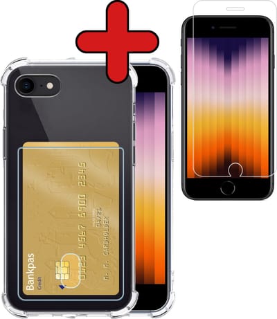 Hoesje - Geschikt voor Apple iPhone SE (2022) - Met Screenprotector - Pashouder - Kaarthouder - Back Cover - Telefoon Hoes Shockproof - Siliconen Case - Shock Proof - Pasjes Houder - Telefoonhoes - Transparant