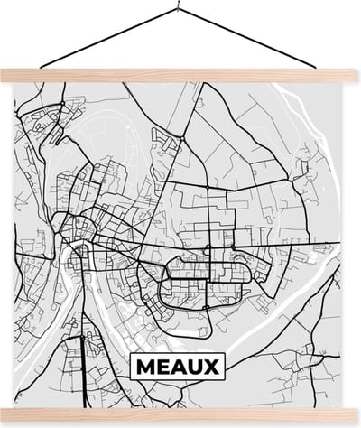 Posterhanger incl. Poster 40x40 cm - Schoolplaat - Meaux - Plattegrond - Frankrijk - Kaart - Stadskaart - Textielposter - Blanke latten - Stadskaart