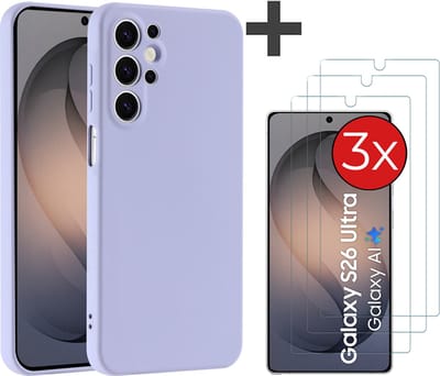 Hoesje geschikt voor Samsung Galaxy S26 Ultra hoesje zacht siliconen met 3 Stuks gehard glas Screenprotectors - Arara backcover - Lila