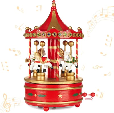 Houten Muziekdoos - Nostalgische Draaimolen met Paarden - Melodie: Jingle Bells - 24 cm - Kerstdecoratie en Cadeau