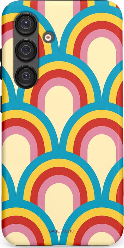 Casetastic hoesje geschikt voor Samsung Galaxy S25 - Dubbellaagse bescherming - Retro regenboog - Fashion Case - Lichtblauw Crème Goud Rood