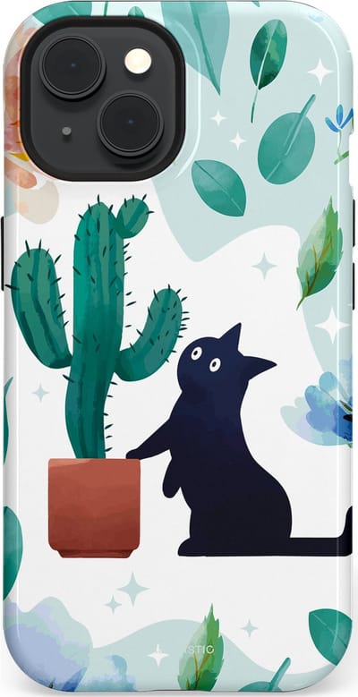Casetastic hoesje geschikt voor Apple iPhone 15 - MagSafe - Dubbellaagse bescherming - Cactuskat - Fashion Case - Lichtgrijs Turquoise Wit Mintgroen