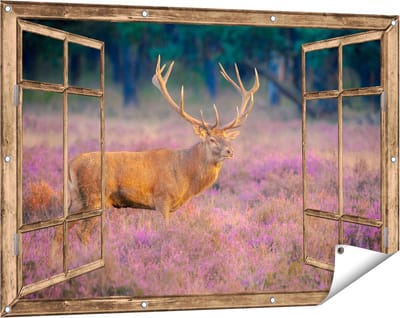 Gards Tuinposter Doorkijk Hert in de Weide tijdens Zonsondergang - 120x80 cm - Tuindoek - Tuindecoratie - Wanddecoratie buiten - Tuinschilderij