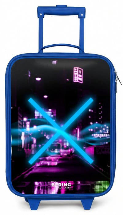 NoBoringSuitcases.com® - Kinderkoffer blauw - Kindertrolley jongen - Felblauw kruis boven een nachtelijke straat - Koffer kind lichtgewicht - Reiskoffer trolley voor kinderen - Koffertje met lichtgevende wieltjes - Rolkoffer