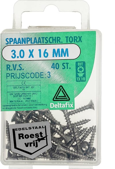 Deltafix spaanplaatschroef platkop / torx r.v.s. a2 3.0 x 16 mm 40 st.