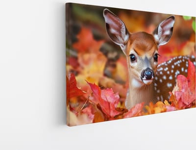 Saammp Canvas Schilderij - Kalfjes hert tussen de bladeren - Natuur - Dieren - 45x30 - Foto op canvas - Wanddecoratie - Muurdecoratie Woonkamer - Slaapkamer decoratie - Canvas Print