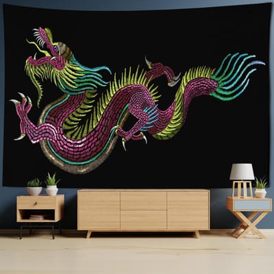 Tapisserie murale totem dragon chinois, décoration de chambre bohème pour la maison, tapisserie murale pour décoration de maison 95x70cm black