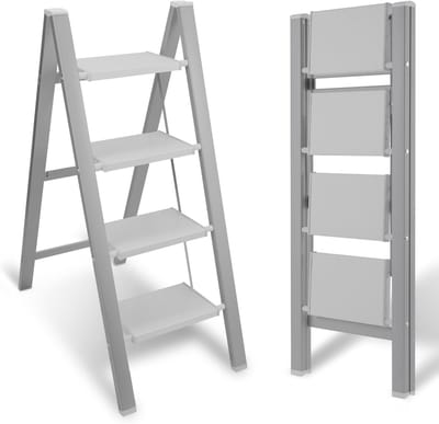 Inklapbare Ladder - Huishoudtrap Aluminium - Veilig Klussen - Anti-slip Platform - 4 Treden - Wit