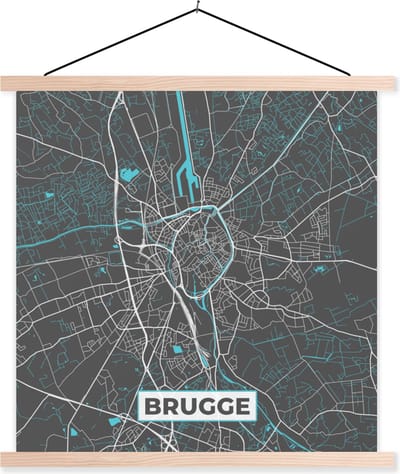 Posterhanger incl. Poster 40x40 cm - Schoolplaat - Plattegrond – Brugge – Blauw – Stadskaart - Kaart - België - Textielposter - Blanke latten - Stadskaart