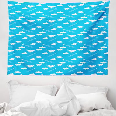 ABAKUHAUS Kinderkamer Wandtapijt Vliegtuig, Blauwe Lucht Wolken Vlakte, 150 x 110 cm, Azuurblauw en Wit