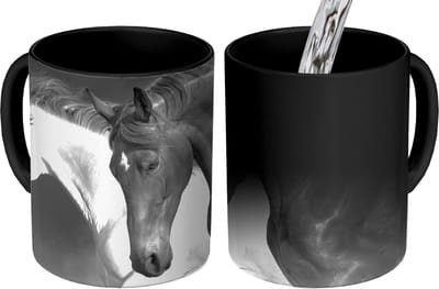 Magische Mok - Foto op Warmte Mokken - Koffiemok - Paarden - Dieren - Zwart - Wit - Portret - Magic Mok - Beker - 350 ML - Theemok