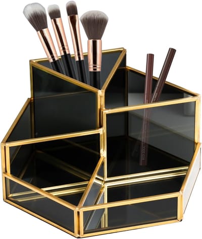 Makeup Organizer - Zwart - Make-up Tafel Organizer - Glazen Cosmetica Organizer - Retro Cosmetica Organizer - 5-voudige Huidverzorging Organizer