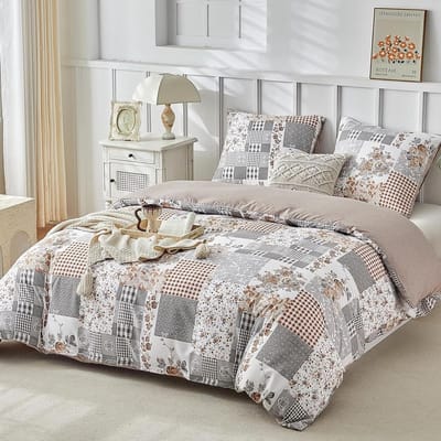 SnelShoppen - Dekbedovertrek 220 x 240 cm met 2 Kussenslopen 65 x 65 cm - Bohemian Bloemen Patchwork Motief - 100% Microfiber Bedlinnen Set in Khaki -