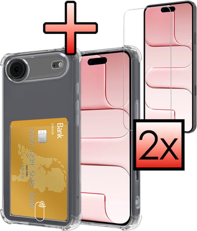 Hoesje - Geschikt voor Apple iPhone Air - Met 2x Screenprotector - Pashouder - Kaarthouder - Telefoon Hoes Shockproof - Siliconen Case - Back Cover - Shock Proof - Pasjes Houder - Transparant