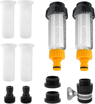 Waterfilter voor Tuinslang, Set van 2 Stuks met 4 Filterinvoegen en 5 Snelle Aansluitadapters, Voor Tuinpomp en Hogedrukreiniger, Ideaal voor Motorhomes en Tuinonderhoud