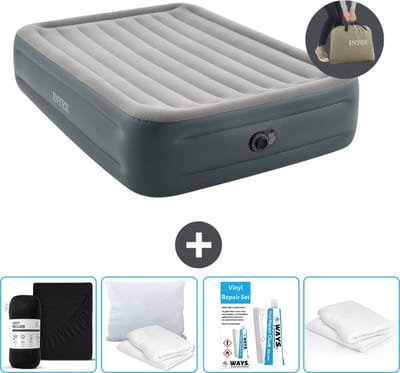 Intex Luchtbed - 2-Persoons - 152 x 203 x 46 cm - Grijs - Inclusief pomp - Hoeslaken - Kussen - Reparatieset en Kussenbeschermer