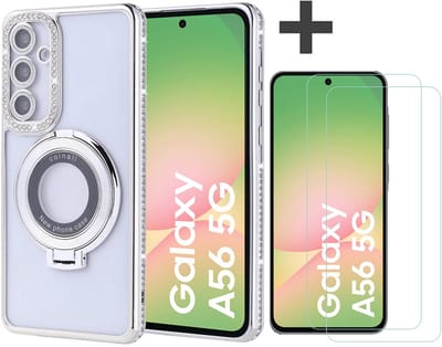 Hoesje met Ringhouder Geschikt voor Samsung Galaxy A56 met Diamant Glitters en 2 Stuks Gehard Glas Screenprotector – Arara Backcover - Zilver