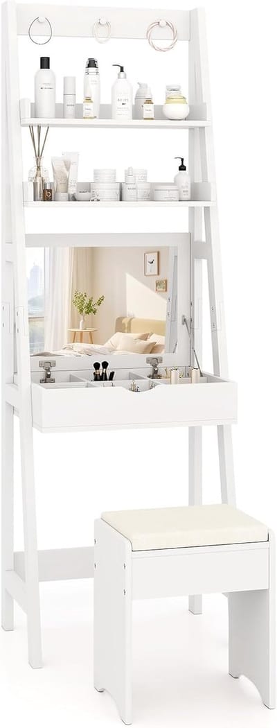 3-in-1 Make-uptafel met Klapspiegel, Ladderrek en Bureau - Wit, Compact en Multifunctioneel