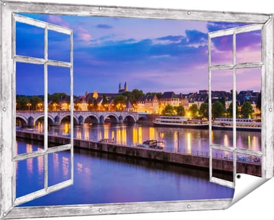 Gards Tuinposter Doorkijk Maastricht Maas Rivier bij de Sint Servaasbrug - 150x100 cm - Tuindoek - Tuindecoratie - Wanddecoratie buiten - Tuinschilderij