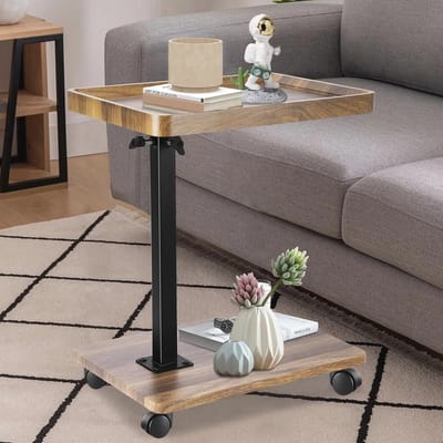 Bijzettafel C-vorm - Kleine tafel met wieltjes - Flexibel werken - 360 graden draaibaar - 45-80 cm hoogte - Houtkleur