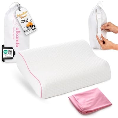 Orthopedisch Reiskussen van Traagschuim met Katoenen Overtrek - Campingkussen Inclusief Tas - 35 x 30 x 10/8 cm - Roze - Extra Kussensloop
