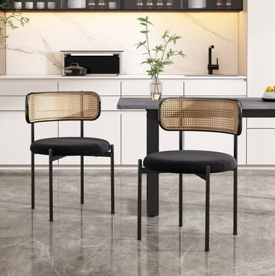 DESMIU Eetkamerstoel – 2er Set – Zwart Velours Met Rotan Rugleuning En Metalen Poten – Modern Voor Eetkamer En Woonkamer – Zwart