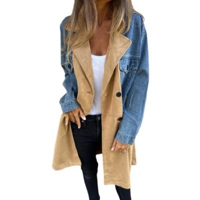 Dames Lente Herfst Jas Denim Jas Overjas Patchwork Dubbelrijs met Klepzakken Colorblock Mid Lengte Dames Overjas XXXL