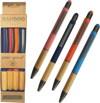 green-goose® Bamboe Stylus Pen | 4 Stuks | Met Vilt Pennenhouder | Verschillende Kleuren | Duurzaam Cadeau