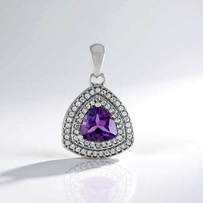 Cavill - Zilveren hanger platina verguld - 0,983 ct Siberische amethist trilliant - 57 zirkonia - Elegante paarse edelsteen hanger