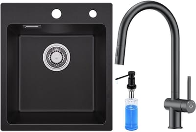 SOFETIY MAX Granieten Spoelbak 40x45CM - Spoelbakken Keuken Zwart - Enkele Spoelbakken Met Keuken Kraan en Zeepdispenser 300ML - Spoelbakken Incl. Sifon en Afvoerzeefje