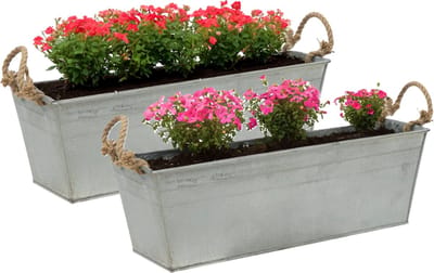 Mega Collections plantenbak/bloembak Farmer - 2x - balkon/terras - zink - zilver - L37 x D13 X H10 cm