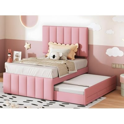 ModernLuxe Gestoffeerd linnen bed 90x200cm - met onderschuifbed op wielen en 3 lades - Roze